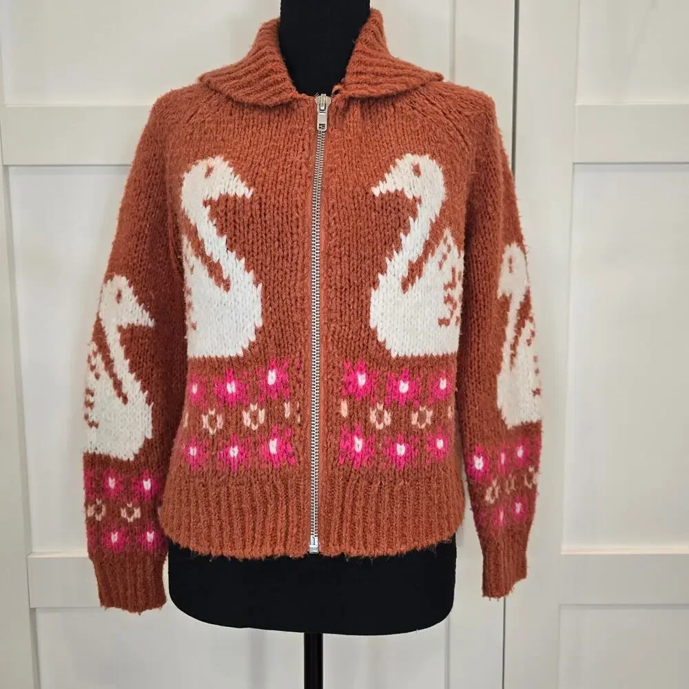 Maeve by Anthropologie Rust and Cream Swans Cardigan.  Size L (P). Retails $180 - Picture 4 of 12